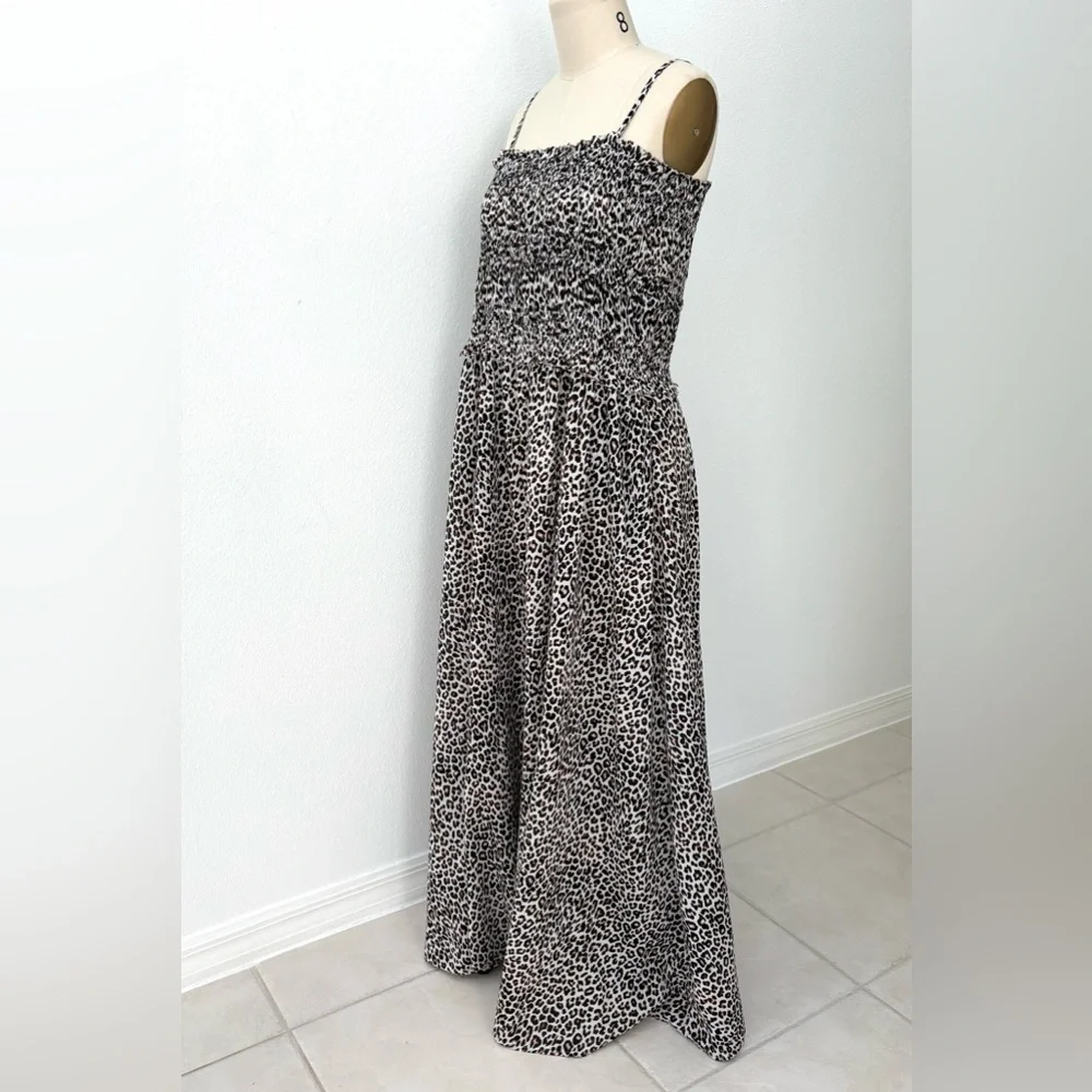 J Crew Smocked Maxi Dress NWT Cotton Voile Black Brown Leopard Print XL